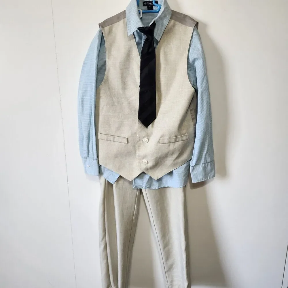 George Boys 4-Piece Linen Suit Set Size 10 Beige Vest Pants Blue Shirt Tie